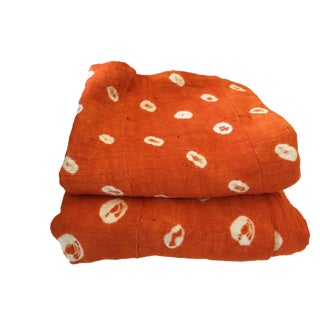 African Textile Mud Cloth Orange & White Bogolan - Set of 2 For Sale