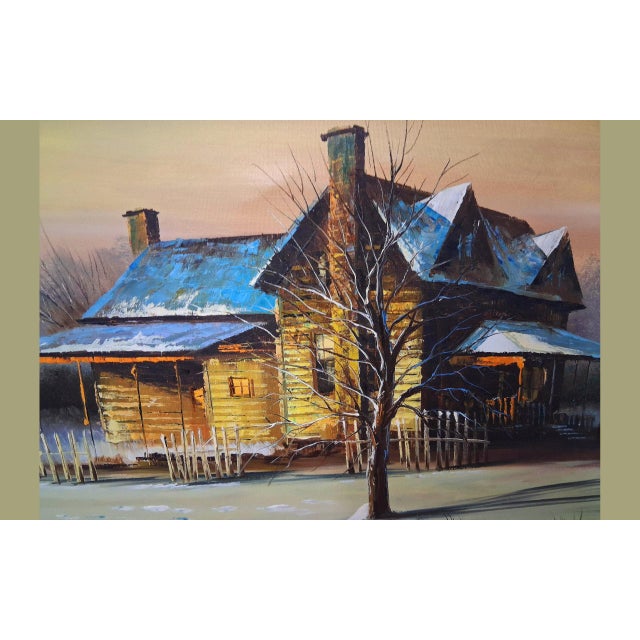 1960s Vintage P. Wellington Large Winter Homestead Oil Painting - Signed For Sale - Image 4 of 10
