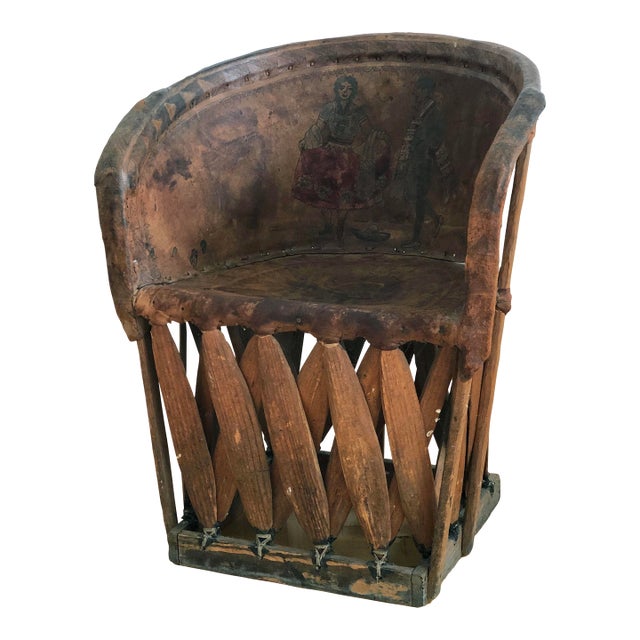 Mexican Equipale Folk Art Chair With Hand-Painted Scene 1930s For Sale