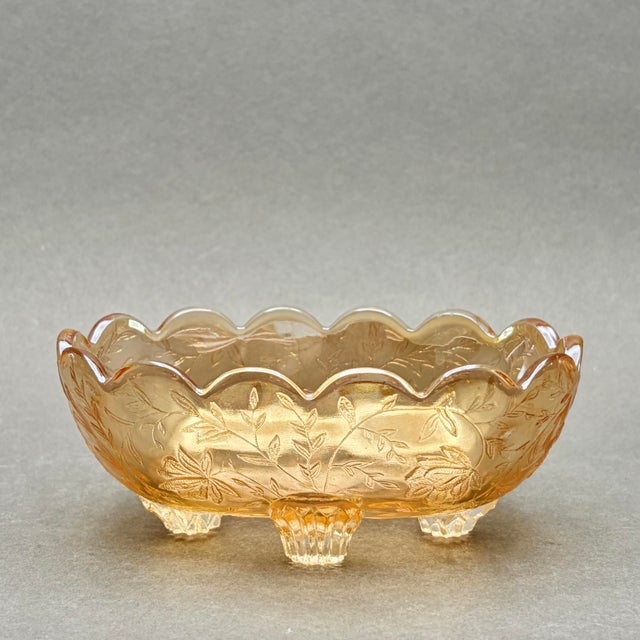 Mid-Century Modern Vintage Jeannette Glass “Floragold Louisa” Marigold Carnival Glass Footed Candy Dish For Sale - Image 3 of 8