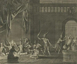 Valentijn, Illustration of the Murder of Kings in Cambodia While Playing Cards, 1726, Print