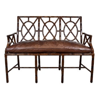 Faux Bamboo Caned Settee With Leather Cushion For Sale