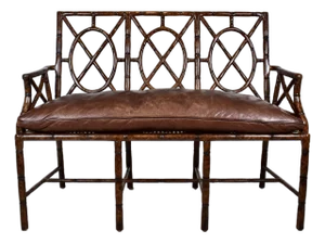 Faux Bamboo Caned Settee With Leather Cushion