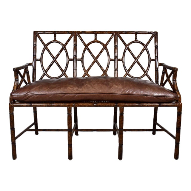 Faux Bamboo Settee With Leather Cushion, Tortoise Shell Finish For Sale