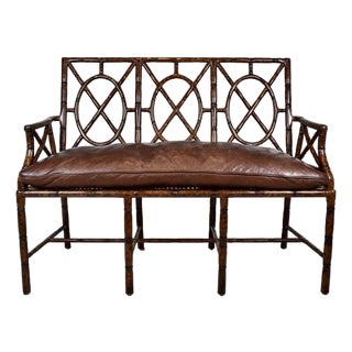 Tortoise Faux Bamboo Caned Settee With Leather Cushion For Sale