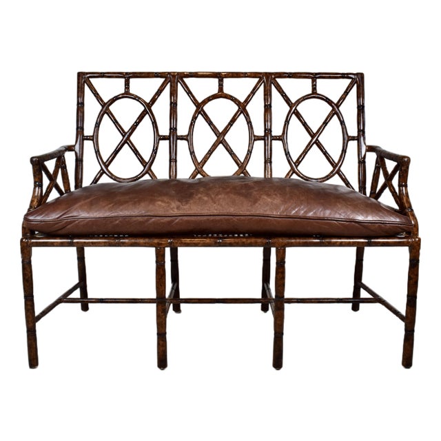 Tortoise Faux Bamboo Caned Settee With Leather Cushion For Sale