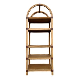 Vintage Coastal Style Arched Rattan Etagere/ Bookcase in the McGuire's Manner. Circa 1970s. For Sale