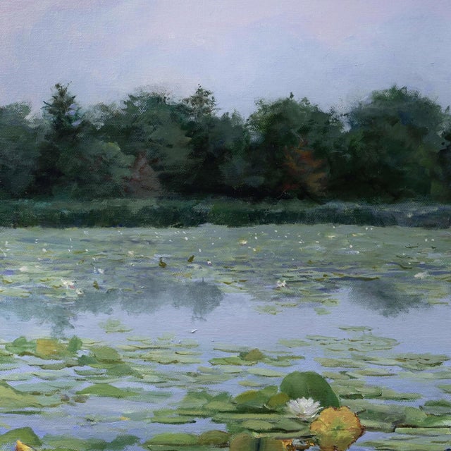 The Lily Pond by Sheri Farabaugh | Oil on Canvas Landscape with lily pads and flowers on water For Sale - Image 4 of 5