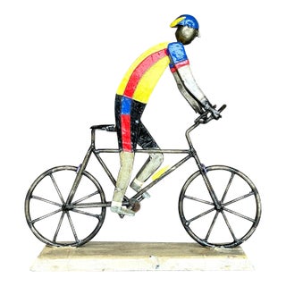 Vintage Boho Metal Cyclist Sculpture For Sale