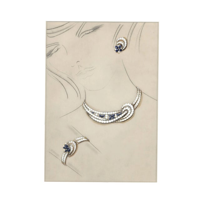 Matted Original French Jewelry Fashion Design in Gouache For Sale
