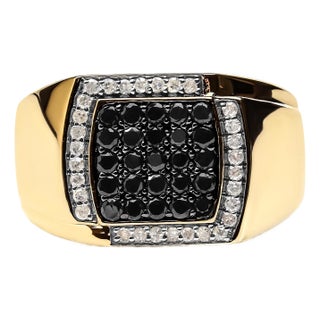 Men's 10K Yellow Gold 1.00 Cttw Cushion Cluster Black and White Diamond Statement Ring (I-J Color, I2-I3 Clarity) - Ring - Size 10 For Sale