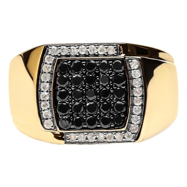 Men's 10K Yellow Gold 1.00 Cttw Cushion Cluster Black and White Diamond Statement Ring (I-J Color, I2-I3 Clarity) - Ring - Size 10 For Sale