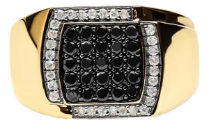 Men's 10K Yellow Gold 1.00 Cttw Cushion Cluster Black and White Diamond Statement Ring (I-J Color, I2-I3 Clarity) - Ring - Size 10