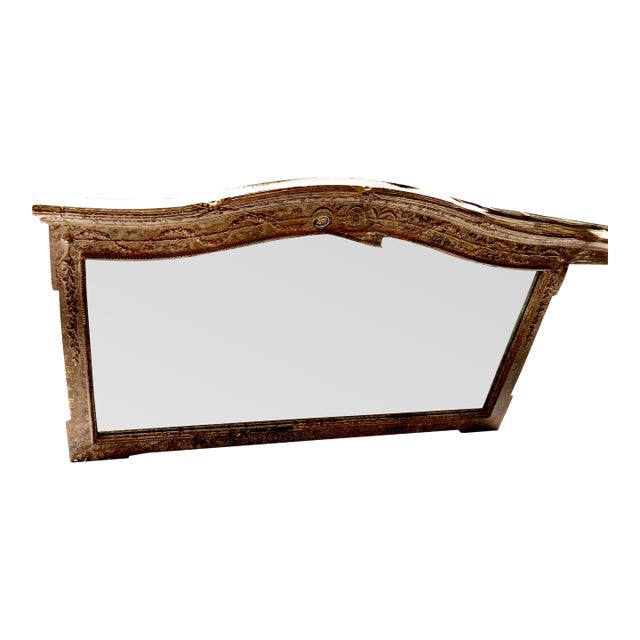 1940s Ornate Oversized Carved Wood Arched Mirror With Old-World Charm For Sale