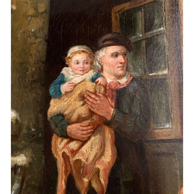 French 19th Century French Genre Oil Painting of Family Winter Scene With Dog For Sale - Image 3 of 12