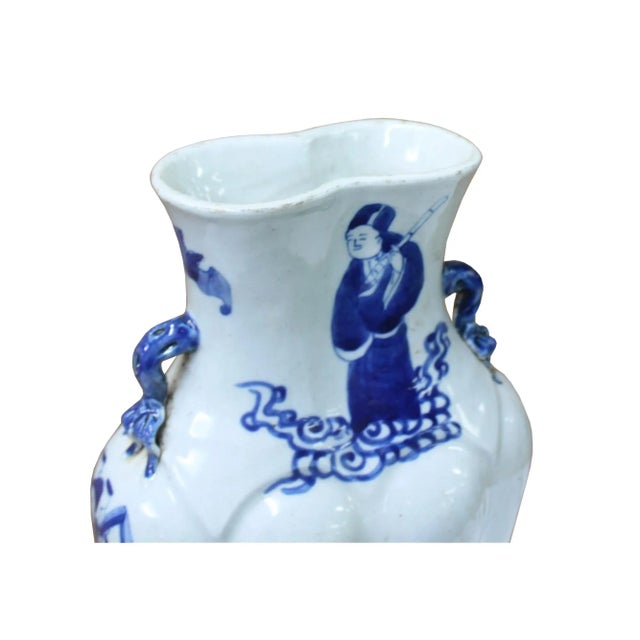 2010s Chinese Blue White Porcelain Eight Immortal Graphic Flat Body Vase For Sale - Image 5 of 7