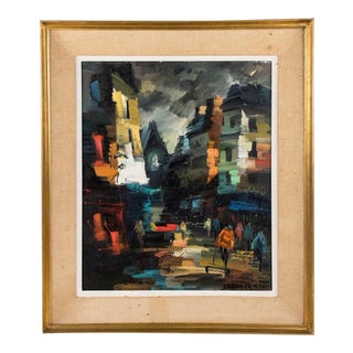 Street View at Night in Paris Oil on Canvas by Boris Cenic For Sale