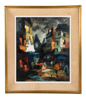 Street View at Night in Paris Oil on Canvas by Boris Cenic
