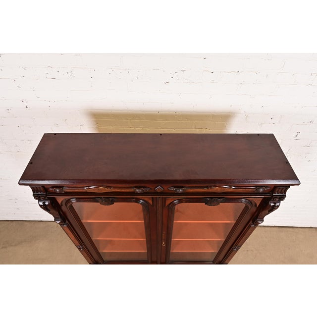 Herter Brothers Style Antique Eastlake Victorian Carved Mahogany and Burl Wood Bookcase Cabinet, Circa 1880s For Sale - Image 9 of 14