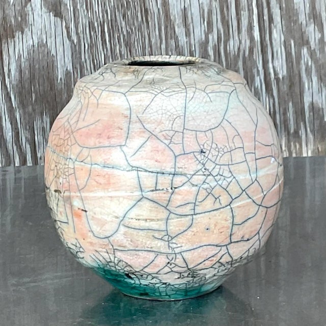 Vintage Boho Raku Fired Vase For Sale - Image 4 of 6