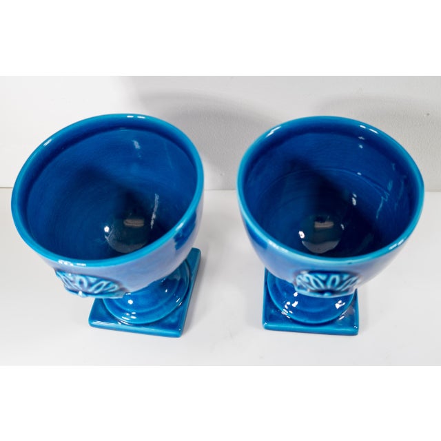 Ceramic Mid-Century Italian Pair of Bright Turquoise Blue Garniture Urns For Sale - Image 7 of 9