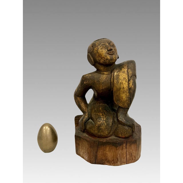 Late 19th Century Antique Wood Hand Carved Burmese Monk Figure With Gilding For Sale - Image 12 of 12