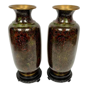 Vintage 1980s Chinese Cloisonne Neutral Tone Vases on Stands - a Pair