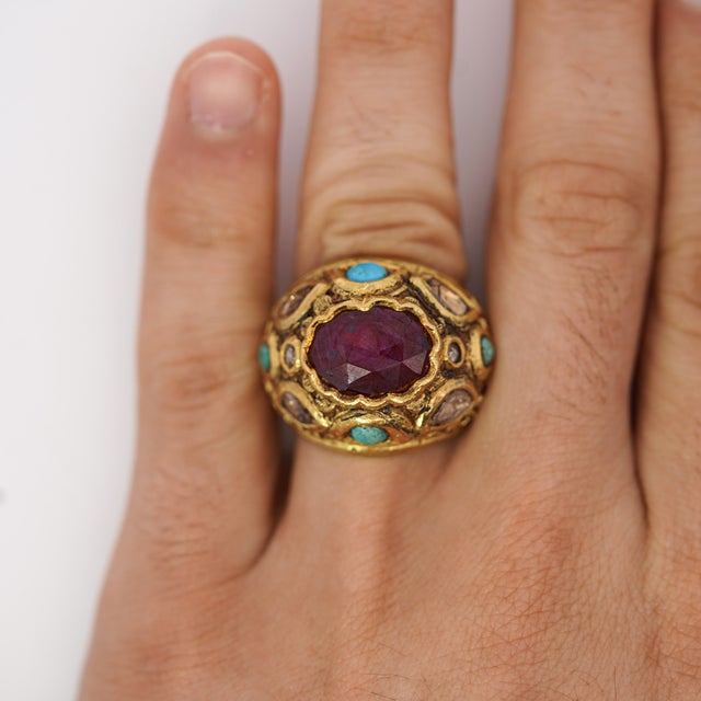 Art Deco Vintage Ruby Rose Cut Diamond & Turquoise 18k Gold Ring, Size 8 For Sale - Image 3 of 7