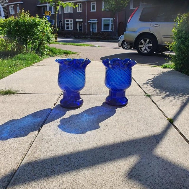 Large Vintage Spanish Cobalt Blue Glass Vases, Set of 2 For Sale - Image 6 of 8