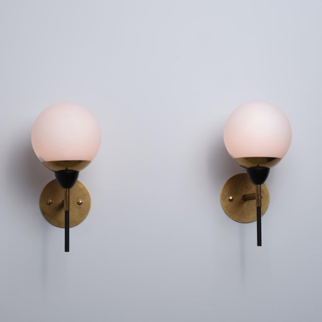 Vintage Italian Wall Sconces in Brass with Black Metal and Opaline Glass, 1950s, Set of 2 For Sale - Image 6 of 10