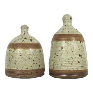 Vintage Studio Pottery Salt and Pepper Shakers Speckled Stoneware Signed by Artist For Sale