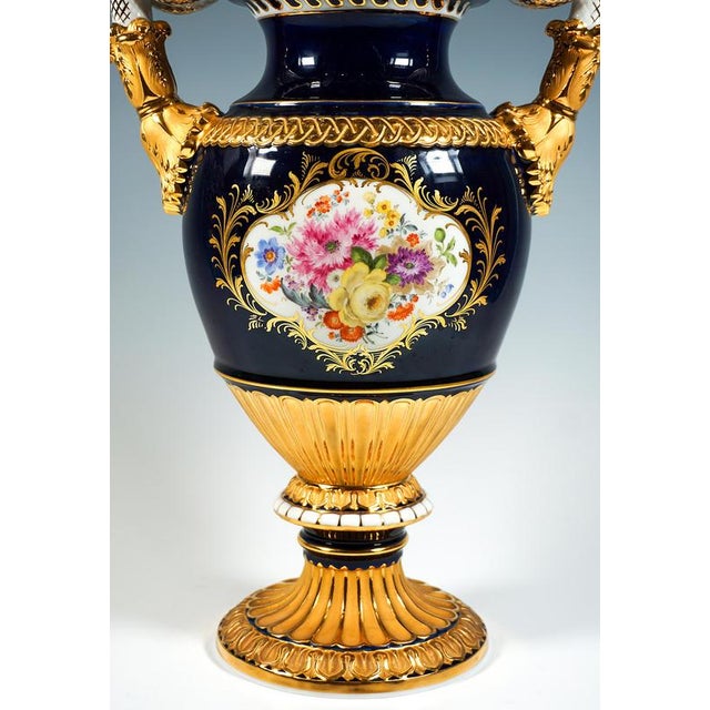 20th Century Snake Handle Vase Cobalt with Flower Painting and Gilding from Meissen, 20th, 1992 For Sale - Image 4 of 7