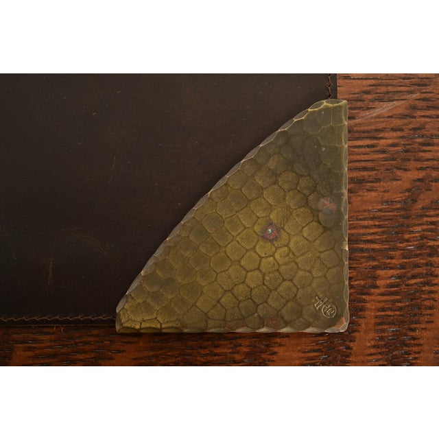 Brass Roycroft Arts & Crafts Brass Finished Hammered Copper Blotter Corners With Leather Desk Blotter For Sale - Image 8 of 13