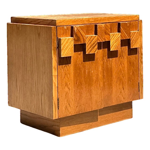 Vintage Brutalist Geometric Wood Cabinet For Sale