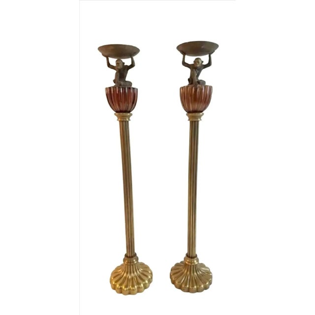 Vintage Ornate Tall Fluted Scalloped Brass Candle Torchières With Monkey - A Pair For Sale In Atlanta - Image 6 of 8