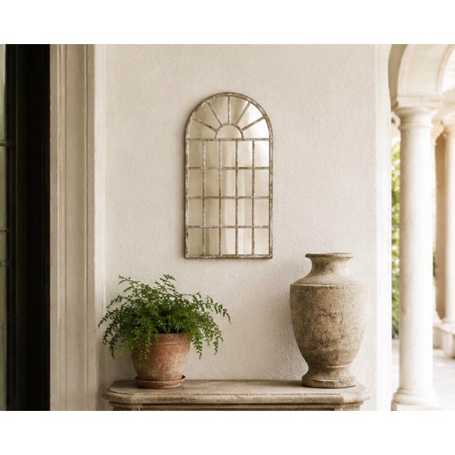 Vintage Arched Iron Windowpane Wall Mirror – White-Washed Gray For Sale - Image 11 of 12