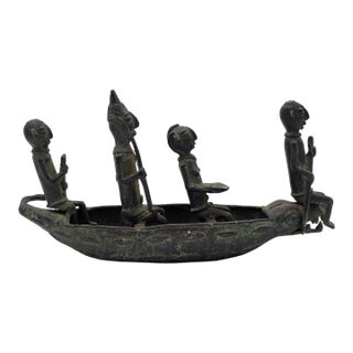 Authentic Mid Cent. 16" Benin Bronze Boat Sculpture African Tribal Lost Wax Art For Sale