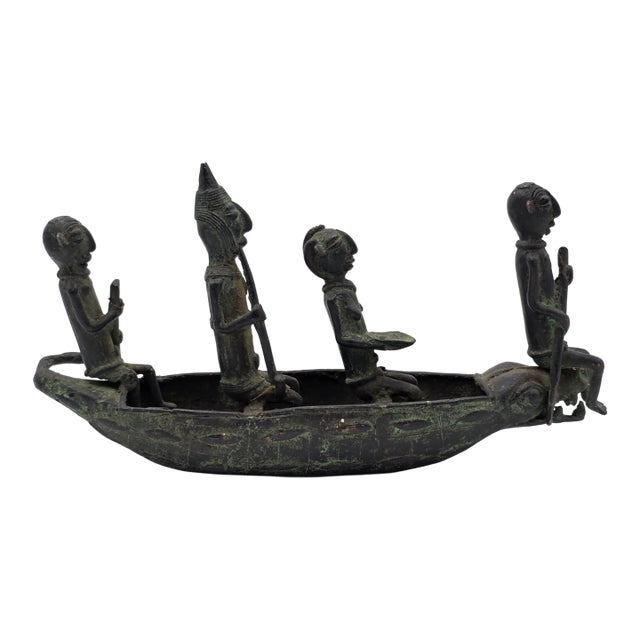 Authentic Mid Cent. 16" Benin Bronze Boat Sculpture African Tribal Lost Wax Art For Sale