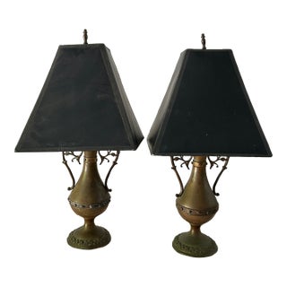 30's Vintage Empire -Style Solid Brass Urn Table Lamps W/Shades - a Pair For Sale