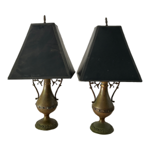 30's Vintage Empire -Style Solid Brass Urn Table Lamps W/Shades - a Pair