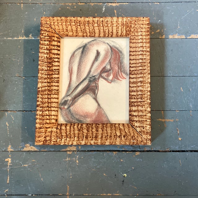 1950’s Original Female Nude Pastel Drawing Painted Grainwood Frame For Sale - Image 4 of 4