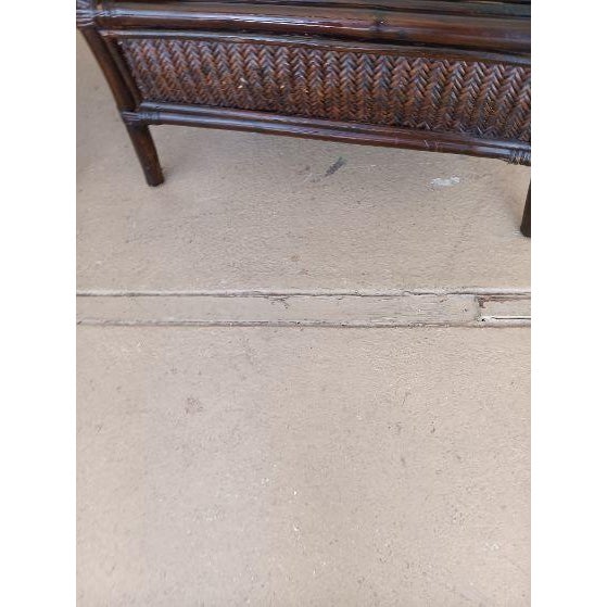 Wood 1980s Dark Brown Wicker Rattan Armchairs High Rounded Backs and Open Side Cutouts Set of 2 For Sale - Image 7 of 7