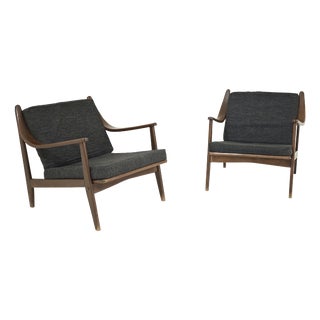 Mid-Century Modern Wood and Fabric Lounge Chairs, 1960, Set of 2 For Sale