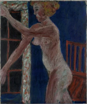 1960s Expressionist Figurative Nude Woman with Red Chair Oil Painting by Honora Berg