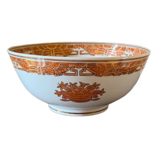 1970s Chinese Export Chinoiserie Porcelain Footed Serving Bowl in Iron-Red For Sale