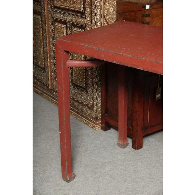 Antique Linen Covered Red Lacquered Elmwood Console Table, 19th Century China For Sale - Image 4 of 11