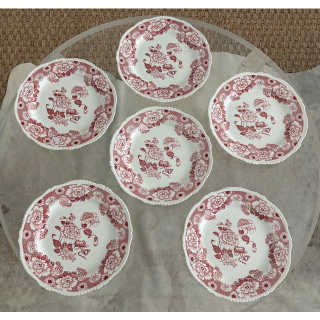 Ceramic English Chinoiserie Style Red & White Dinner Plates "Cambridge" by Wood & Sons - Set of 6 For Sale - Image 7 of 18