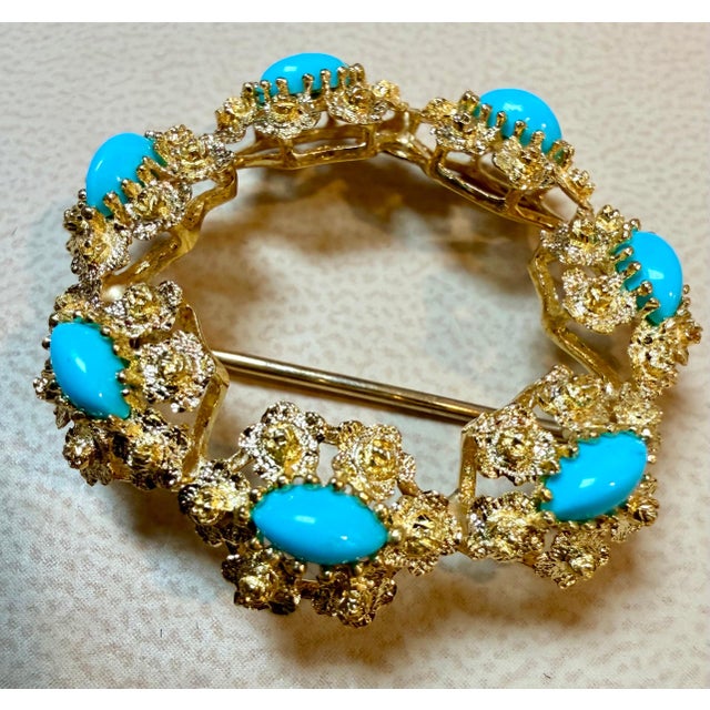 3 Carat Sleeping Beauty Turquoise Circular Pin in 18 Kt Yellow Gold , Estate Vintage Circular pin with 7 marquise shape...