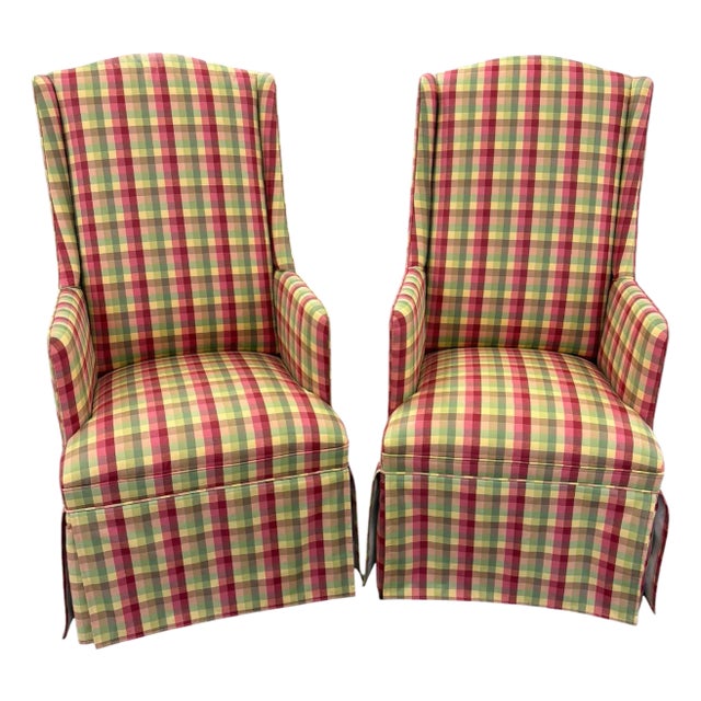 Late 20th Century Traditional Petite High-Back Gingham Wingback Chairs - a Pair For Sale