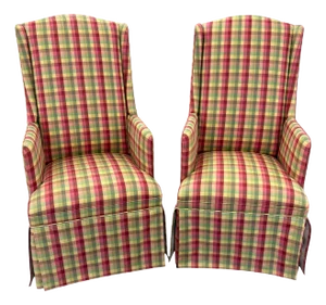 Late 20th Century Traditional Petite High-Back Gingham Wingback Chairs - a Pair